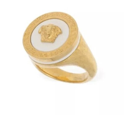 NIB VERSACE Gold White Medusa Ring Large Icon Logo Enamel size 7