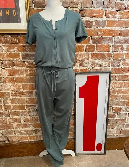 AnyBody XS Petite Cozy Knit Button Front Jumpsuit Green New