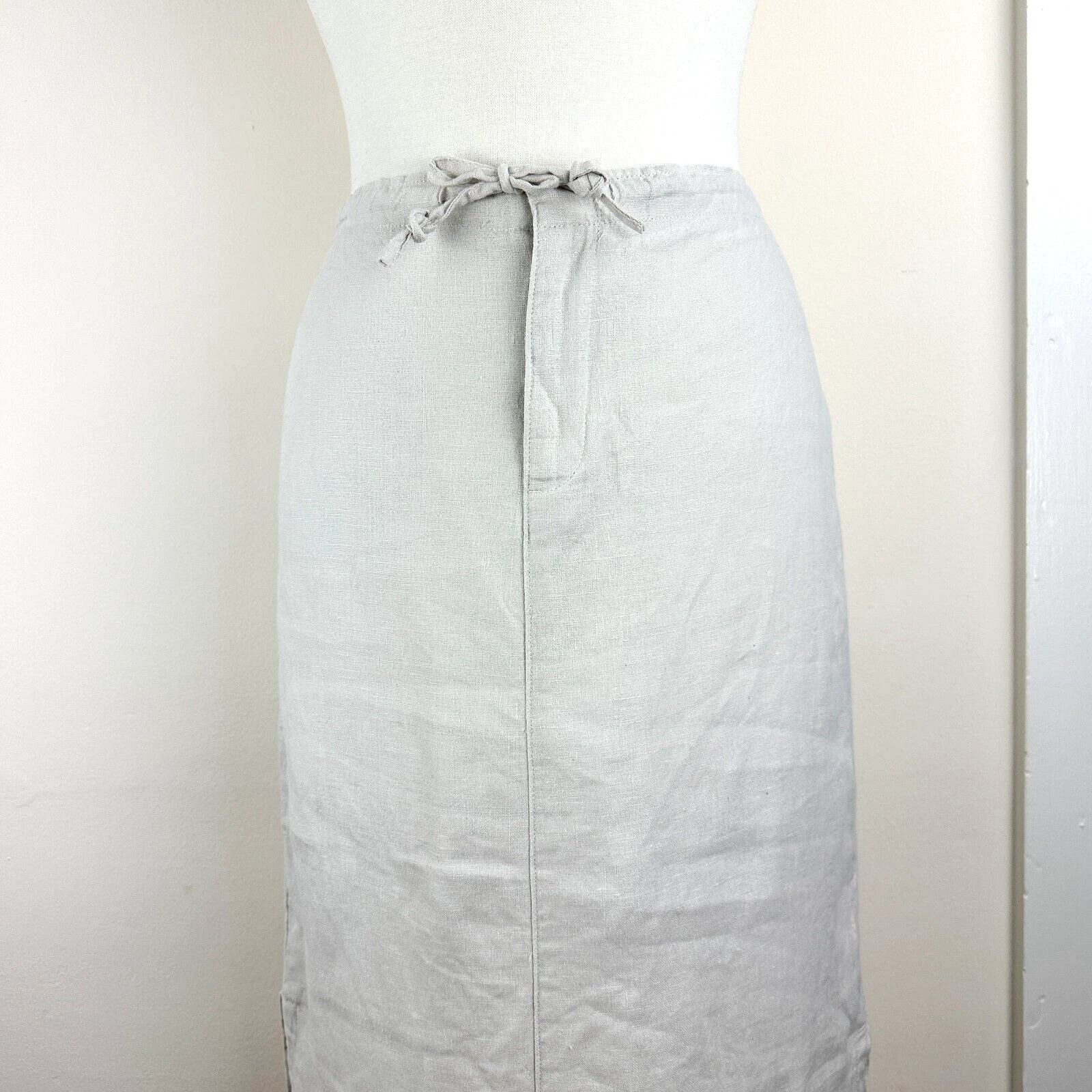 VTG Y2K Old Navy Womens 6 Beige Linen Midi Skirt Drawstring Waist Side Slits '03