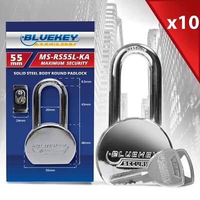 10 x BlueKey massiver Stahlkörper rund schlüsselförmig 55 mm Vorhängeschlösser MS-RS55L-KA