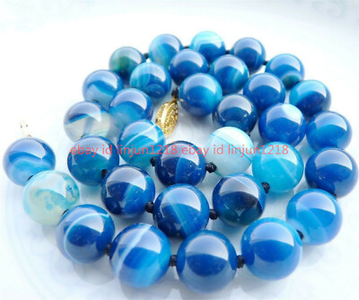 12mm Antique Art Deco Genuine Rare Blue Chalcedony Agate Gems Beads  Necklace 18