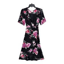 Everly Black Floral Faux Wrap Dress Womens Medium Rose Print Surplice Midi
