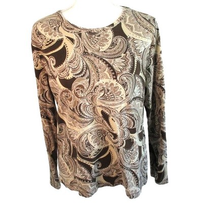 St. John's Bay Women's Long Sleeve Brown Paisley Print Classic Tee Size Large