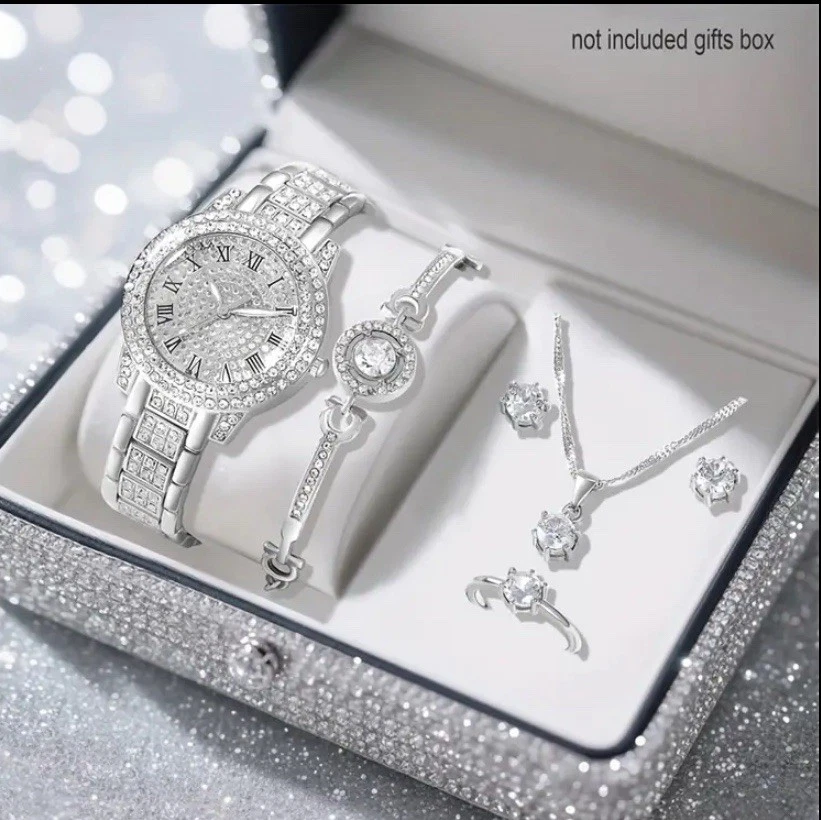 Damen Geschenkset – Silber Uhr & Schmuckset 6-teilig, Elegantes Design, Mode