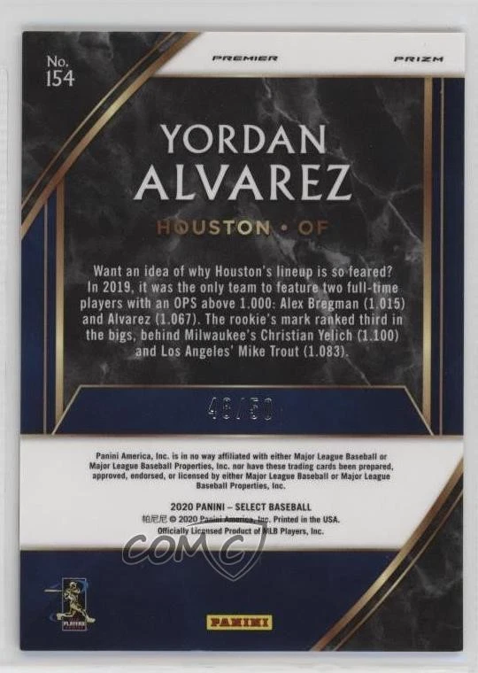2020 Panini Select Premier White Prizm /50 Yordan Alvarez #154 Rookie RC - Image 2 of 2