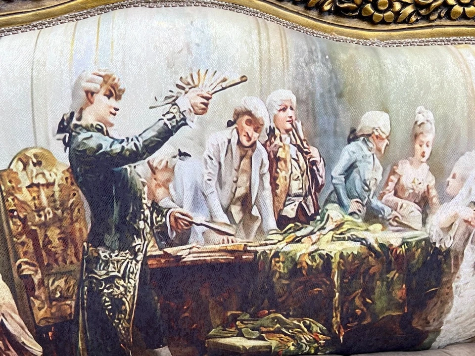 Sofá Sofá Luis XVI Francés Corbeille Hoja Dorada Terciopelo Escena Salón Vintage Foto 2 de 4