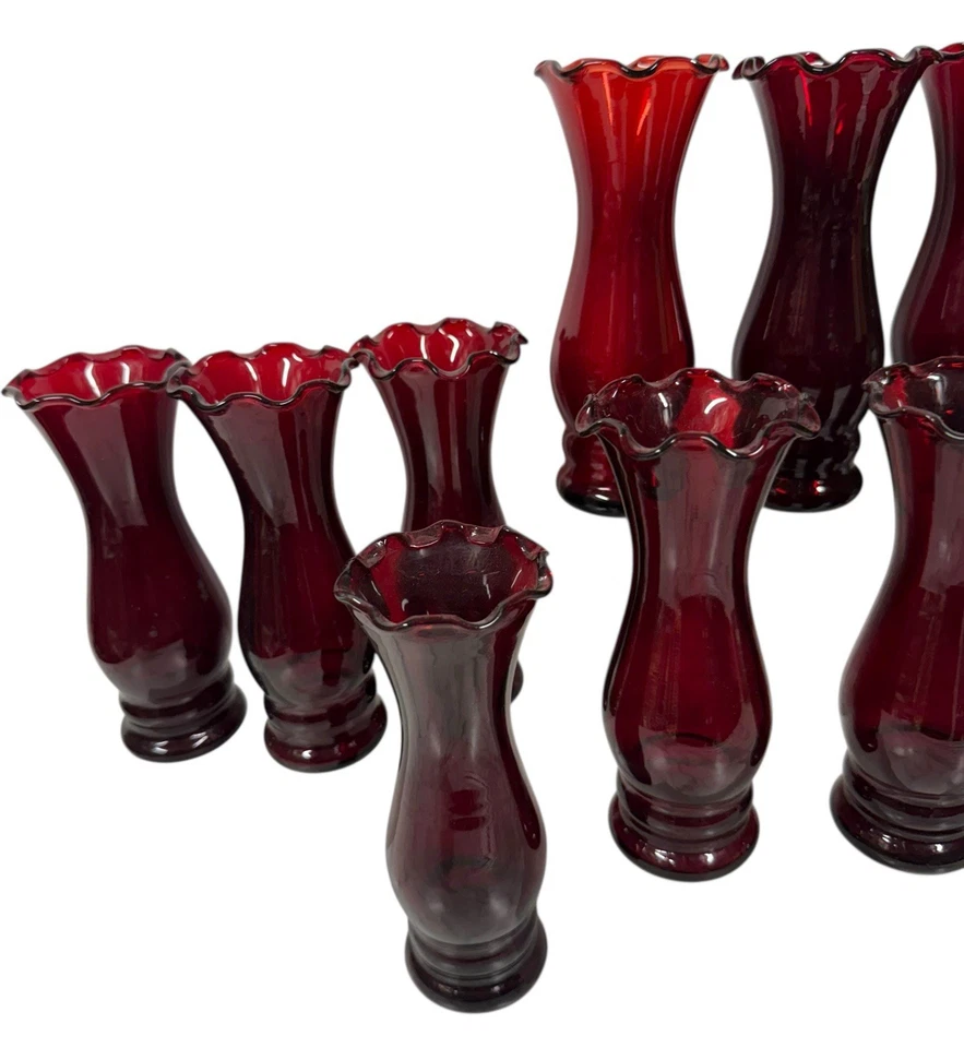 Job Lot x14 Vintage American Anchor Hocking Vase Ruby Red Ruffle Top Bud Vases - Image 2 of 4