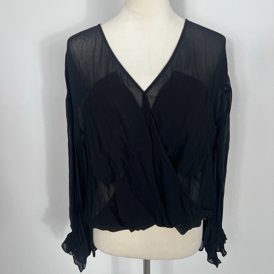 Blusa ALLSAINTS Penny Transparente Cuello en V Mujer Mediana Negra Imitación Envoltura Elegante Foto 2 de 4