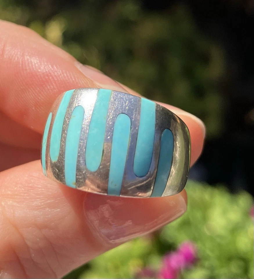 Anillo KABANA de plata de ley 925 con incrustación de turquesa banda ancha, tamaño 6, 8,3 gramos Foto 2 de 4