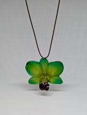 Dendrobium Green Purple, Real Orchid in Resin with Brown Faux Leather Ne