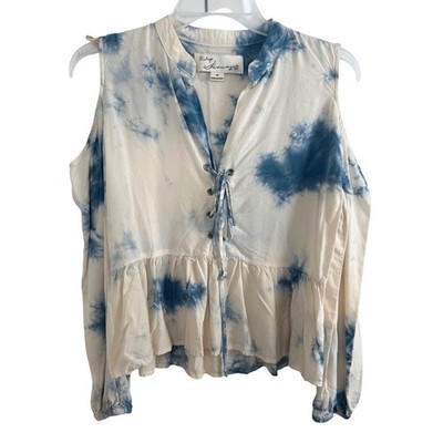 Vintage Havana Blue Tie Dye Cold Shoulder Lace Up Peplum Blouse Medium Boho