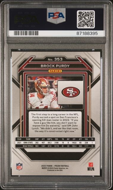 Brock Purdy 2022 Panini Prizm Football #353 49ers RC Rookie Gem Mint PSA 10 💎 view 2