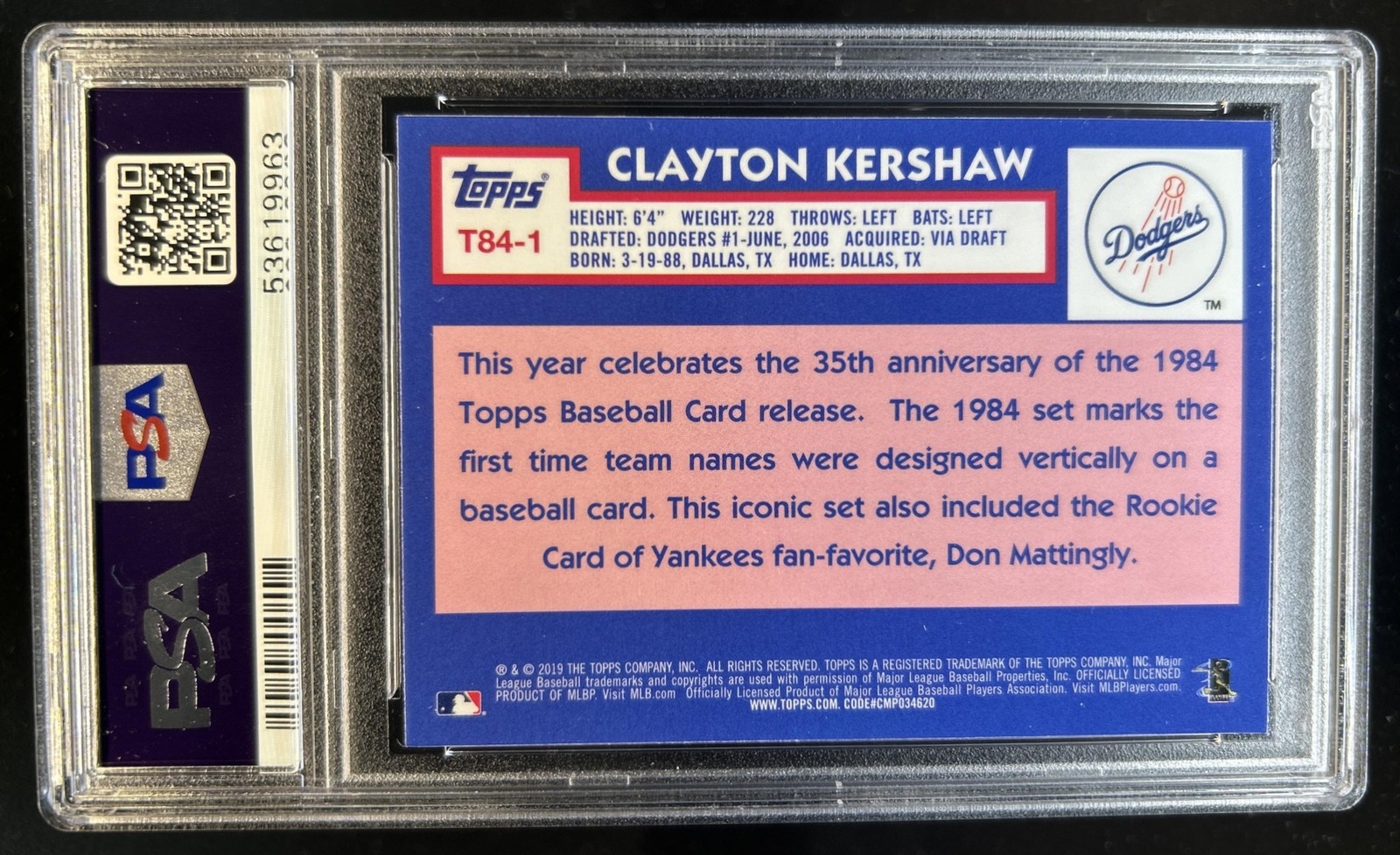 2019 Topps Clayton Kershaw 1984 Baseball Chrome #T84-1 Dodgers PSA 10 GEM MINT view 2