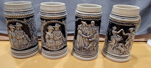 4Vintage Blue & White Ceramic Germany Embossed Beer Stein Mug No Lid