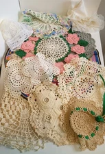 Vintage Lot of 12 Handmade Crochet Doilies Floral Round Pastel Pink Roses Blue