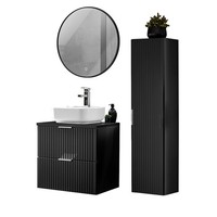 BadmöBel Set Waschtisch Aufsatzbecken Led Spiegel Hochschrank Matt Schwarz