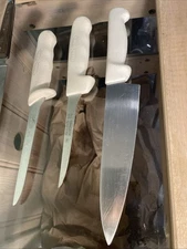 Vintage Dexter Russell Sani-safe Set Of 3 White Handles High Carbon / SS