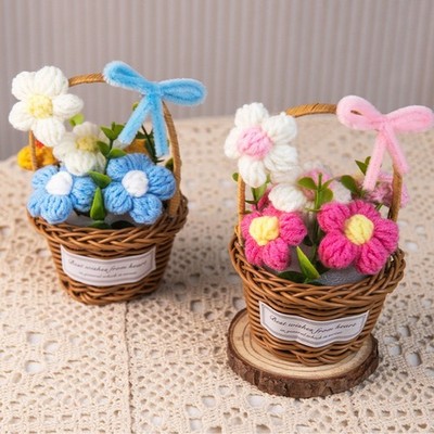 Handmade Crochet Flower Bouquet, Knitted Daisy Flower Basket for Home Decor