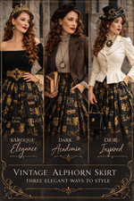 Vintage Trachtenrock Alphorn 44 46 Schwarz Gold Barock Print Faltenrock Midi