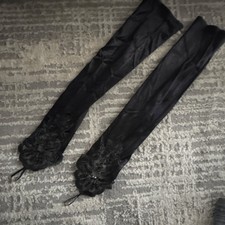 Black Mesh Long Opera Gloves with Beaded Lace Accents for Women