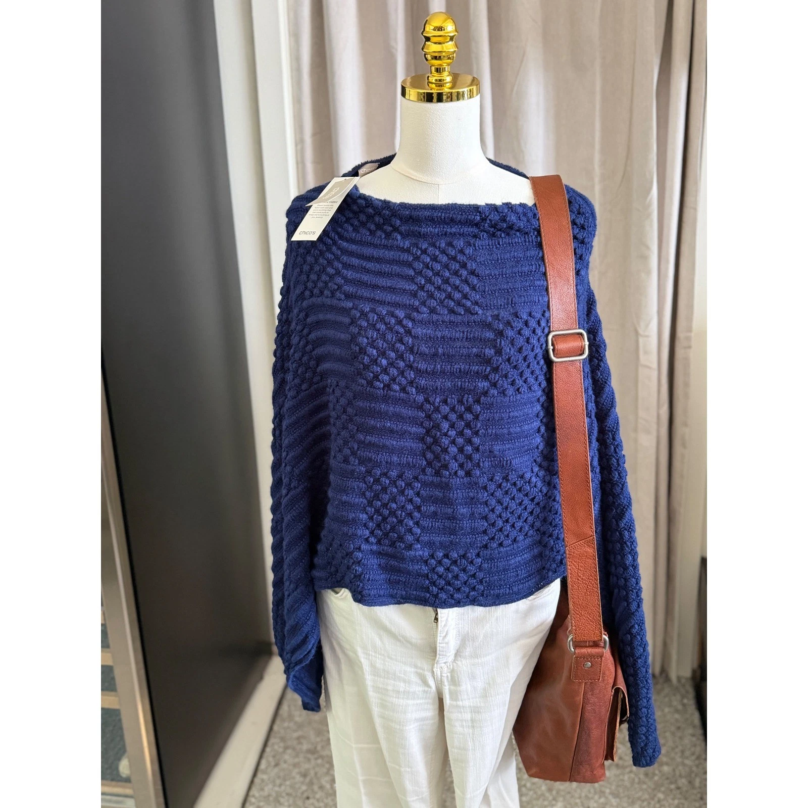 Chico's Blue Textured Knit Poncho Sweater Geometric Popcorn Boat Neck NWT S/M