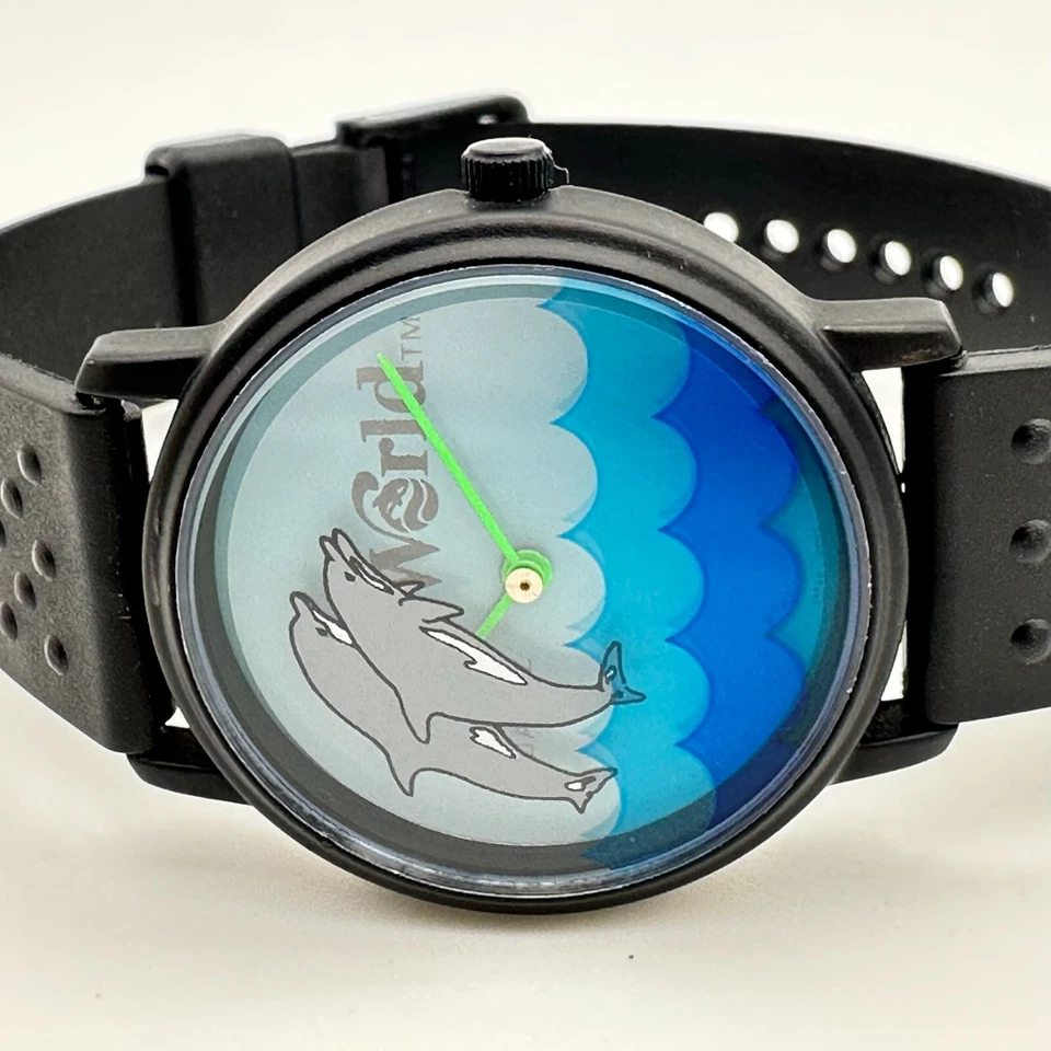 Винтажные 1990-е унисекс SEA WORLD плавания дельфины черный/синий загадочный циферблат часов - Изображение 4 из 4