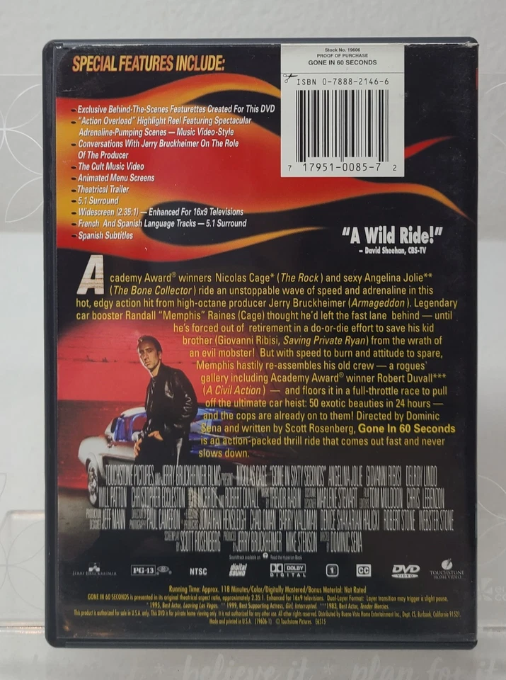 Gone in 60 Seconds (DVD, 2000) Nicholas Cage, Angelina Jolie, Robert Duvall Foto 2 de 4