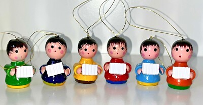 6 VTG Christmas Ornaments Wood Musical Kids Accordion 1.5 H Colors Feather Tree
