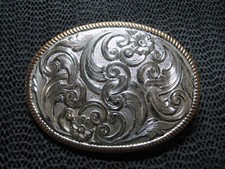 WESTERN FLORAL SCROLL WORK COWBOY COWGIRL BELT BUCKLE VINTAGE RARE 1990s USA