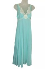 Vtg Gossard Artemis Women  s Long Nightgown S Green Nylon Chantilly Lace Tie Back
