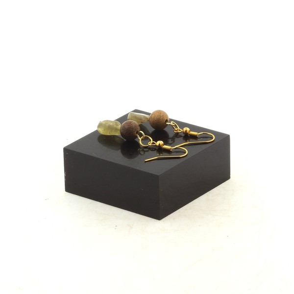 Ohrringe 2 Perlen Apatit Gelb- Madagaskar + Holz 8 Mm Stahl Golden-image