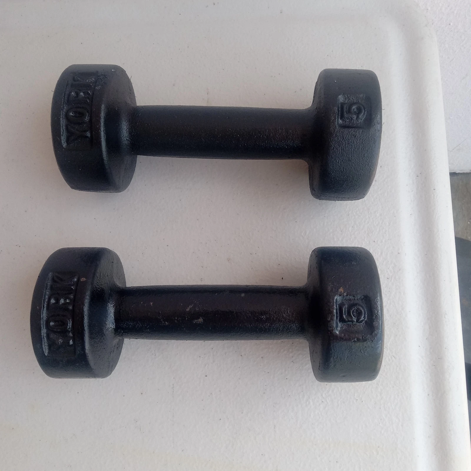 Pair of Vintage YORK Cast Iron Roundhead 5LB Round Head Dumbbells New Paint