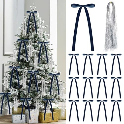 Set of 12 Pcs Vintage Velvet Bow and 3000 Strands Tinsel Icicles - 5.9" x Blue