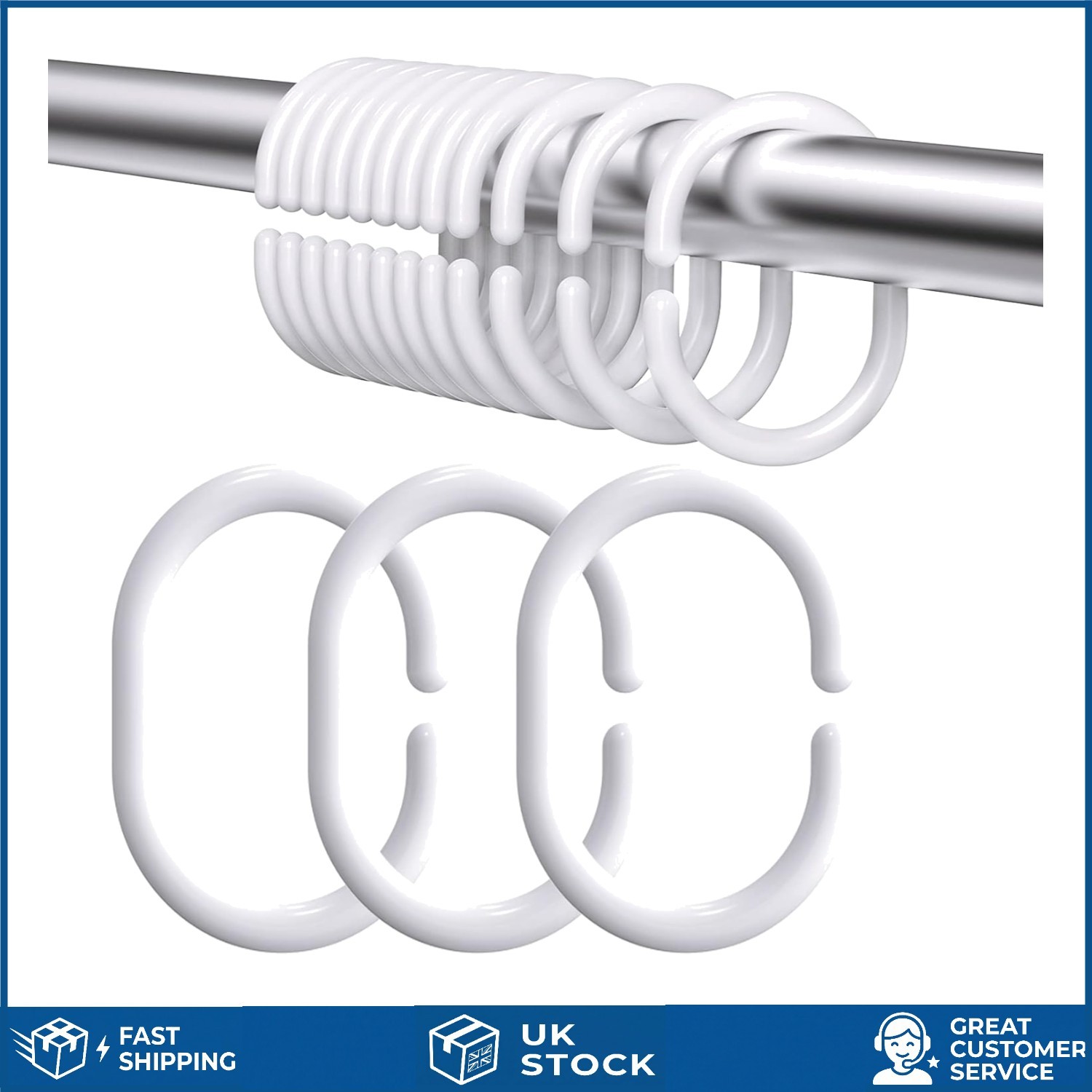 Smooth Sliding Flexible White Plastic C Shaped Shower Curtain Rings 24 Pack