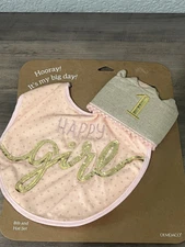 Happy Girl Birthday Soft Pink One Size Cotton Blend Fabric Hat and Bib Set