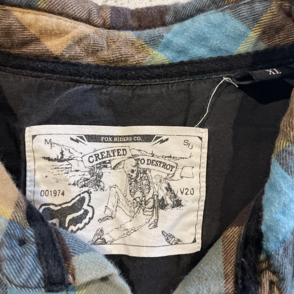 Vtg Fox Racing Flannel Button Up Shirt Men's XL Plaid Long Sleeve Blue Brown - Image 2 of 4