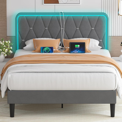 Upholstered Queen Bed Frame with Headboard Adjustable, Velvet Platform Bed with