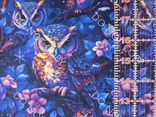 100% Cotton Woven Novelty Fabric Purple And Blue Owls Floral 1/4 Yard 9x56
