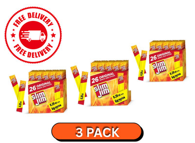 Slim Jim Original Meat Sticks Snack Size 26 Ct Per Box 0.28 Oz Pack of 3