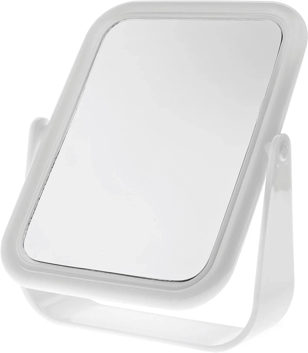 Free Standing White Plastic Cosmetic Mirror Wipe Clean Double Sided 18cm
