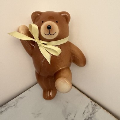 Ceramic Teddy Bear Wall Hanger Brown Bear Yellow Bow Nursery Wall Pocket Decor