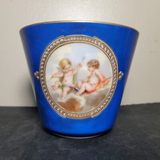 Antique Sevres Style Oversized Hand Painted Porcelain Cup Blue/Gold w/ Cherubs
