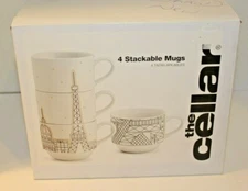 The Cellar Macys Stackable Paris coffee mugs Cups Eiffel Tower NEW in Box Lot 4 