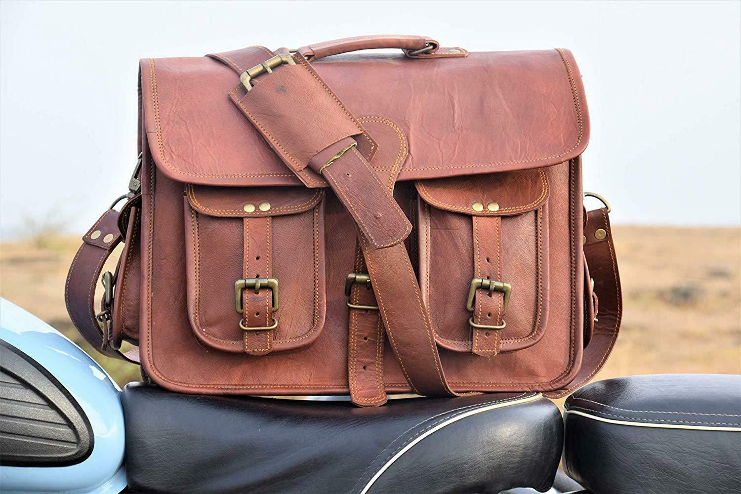 Vintage Art Messenger Shoulder Briefcase Laptop Bag Leather Men's Genuine Brown
