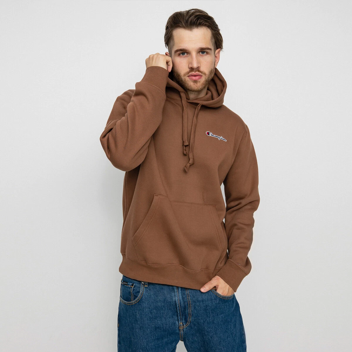 Champion Small Script Logo Hoodie Men brown