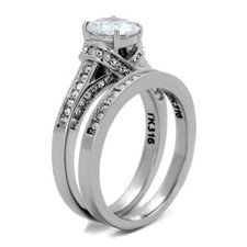 One Carat Round Cut CZ Detail Womens Stainless Steel Wedding Engagement Ring Set