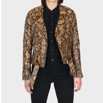 Women Brown Exotic Snake Python Texture Biker Genuine Leather