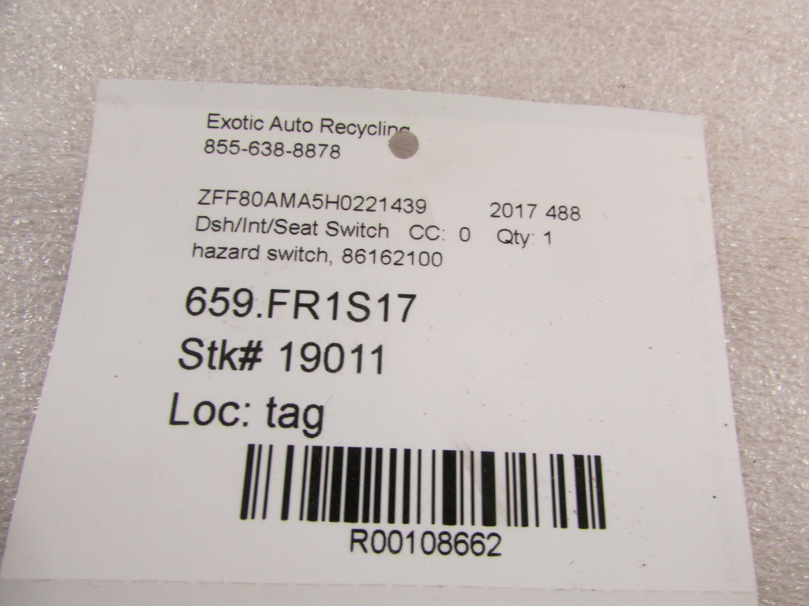 Ferrari 488, Hazard Lights Switch, Used, P/N 86162100