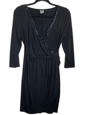 Covington Faux Wrap Dress Shiny Black Embellishment Little Black Cocktail Medium