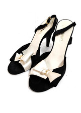 Chanel Satin Bow Heels Pearl CC Slingback San...